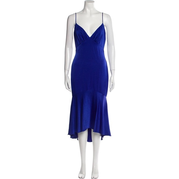100 THEIA Plunge Necklune Midi Dress Size 2 Color Blue - Picture 2 of 8